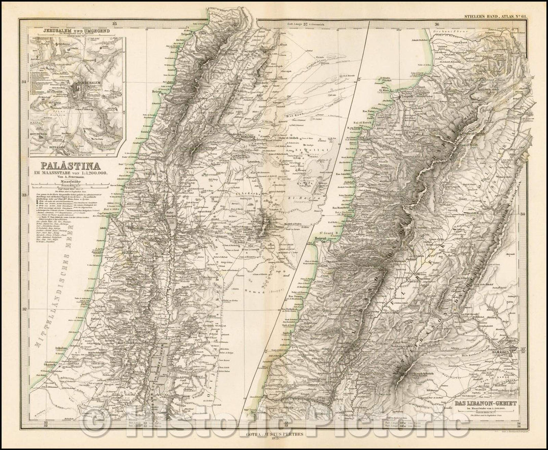 Historic Map - Palastina (Jerusalem und Umgegend - Das Libonon-G/Map of the Holy Land, illustrating the great precision in Stieler's work, 1875 - Vintage Wall Art