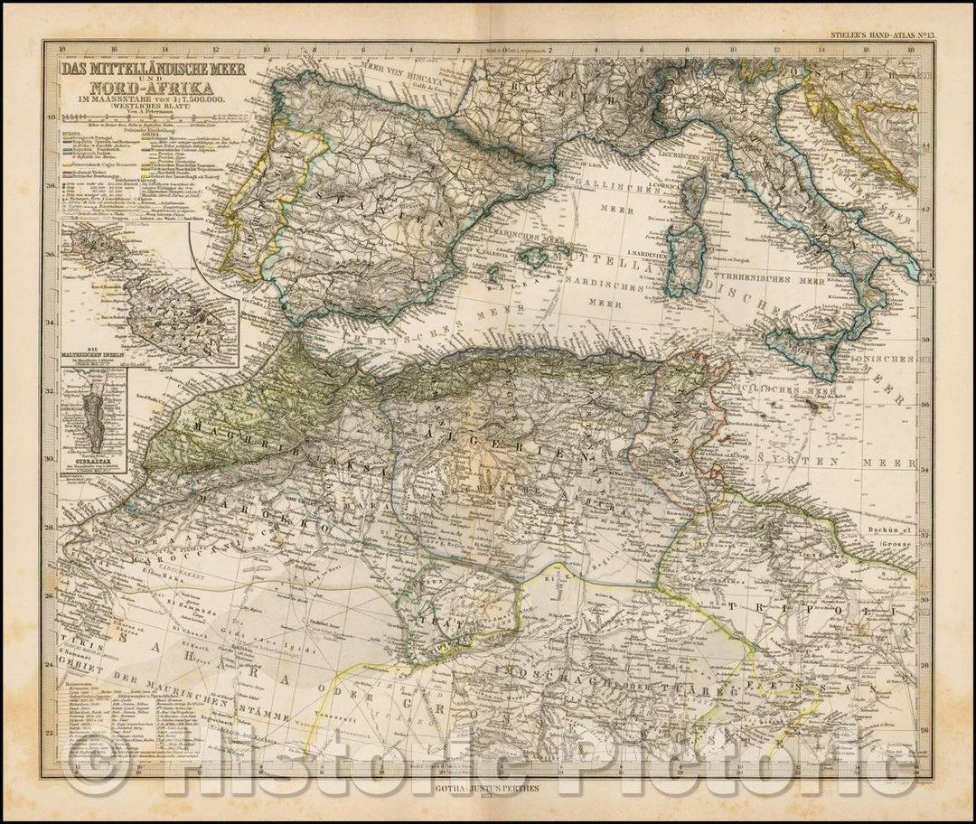 Historic Map - Das Mittellandische Meer und Nord-Afrika/Map of the Western Mediterranean and North Africa, 1875, Adolf Stieler - Vintage Wall Art