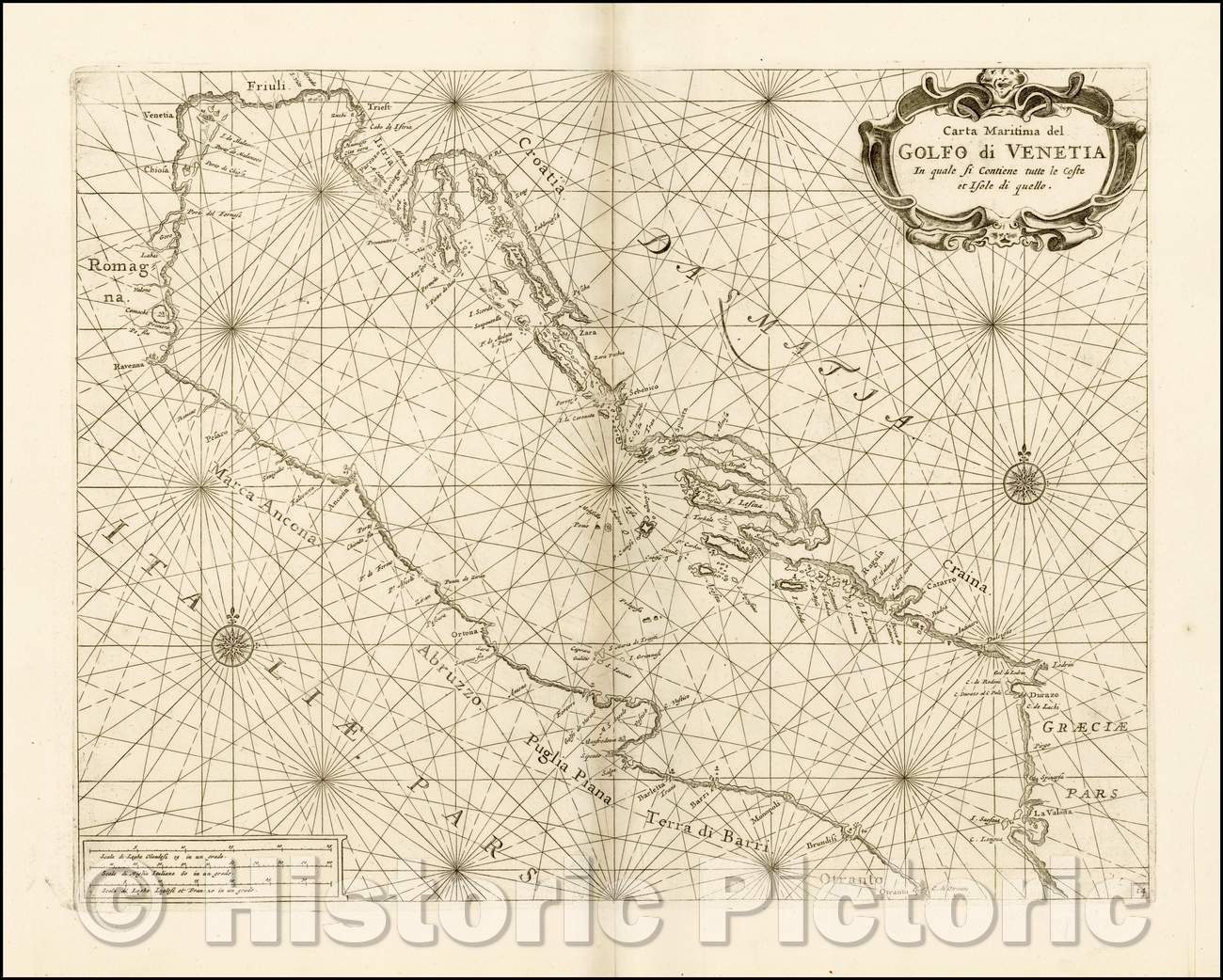 Historic Map - Carta Maritima del Golfo di Venetia In quale si Contiene tutte/Chart of the Gulf of Venice and Northern Part of the Adriatic Sea, 1695 - Vintage Wall Art