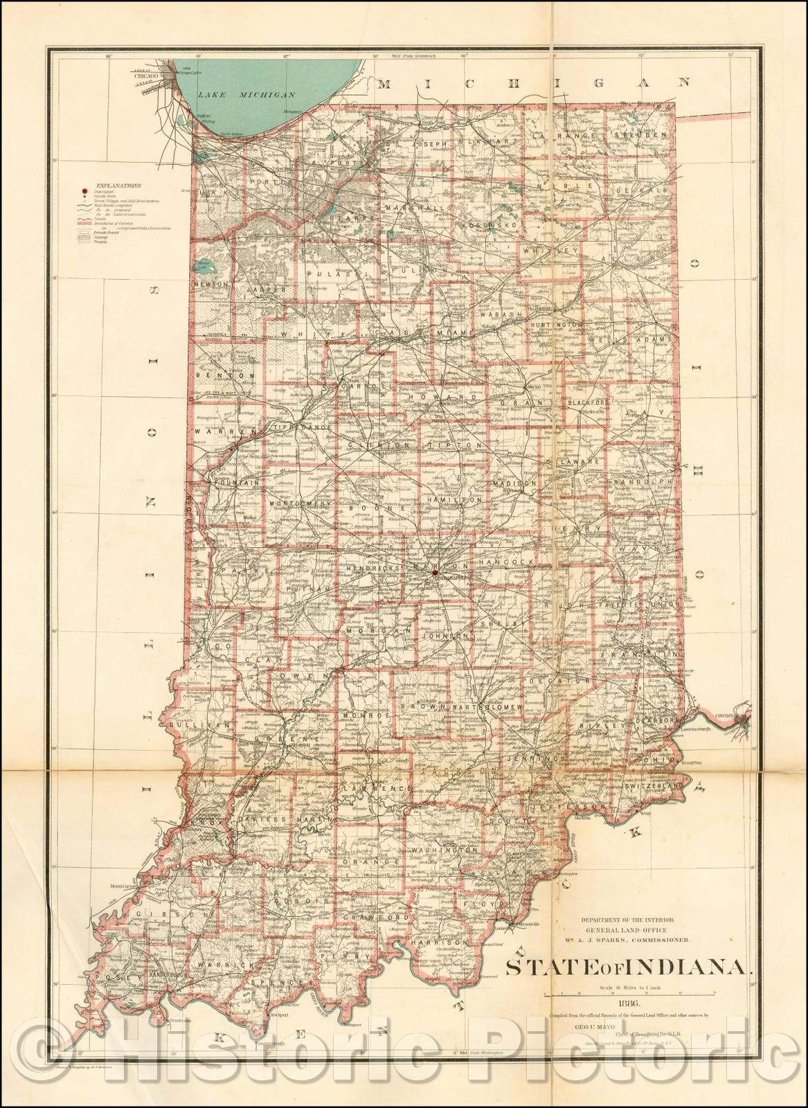 Historic Map - State of Indiana, 1886, General Land Office - Vintage Wall Art