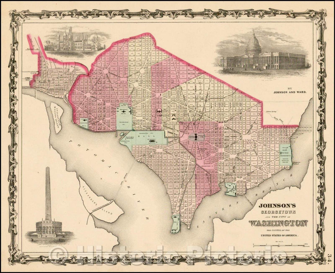 Historic Map - Johnson's Georgetown and The City of Washington The Capital of the United States of America, 1862, Benjamin Ward v3