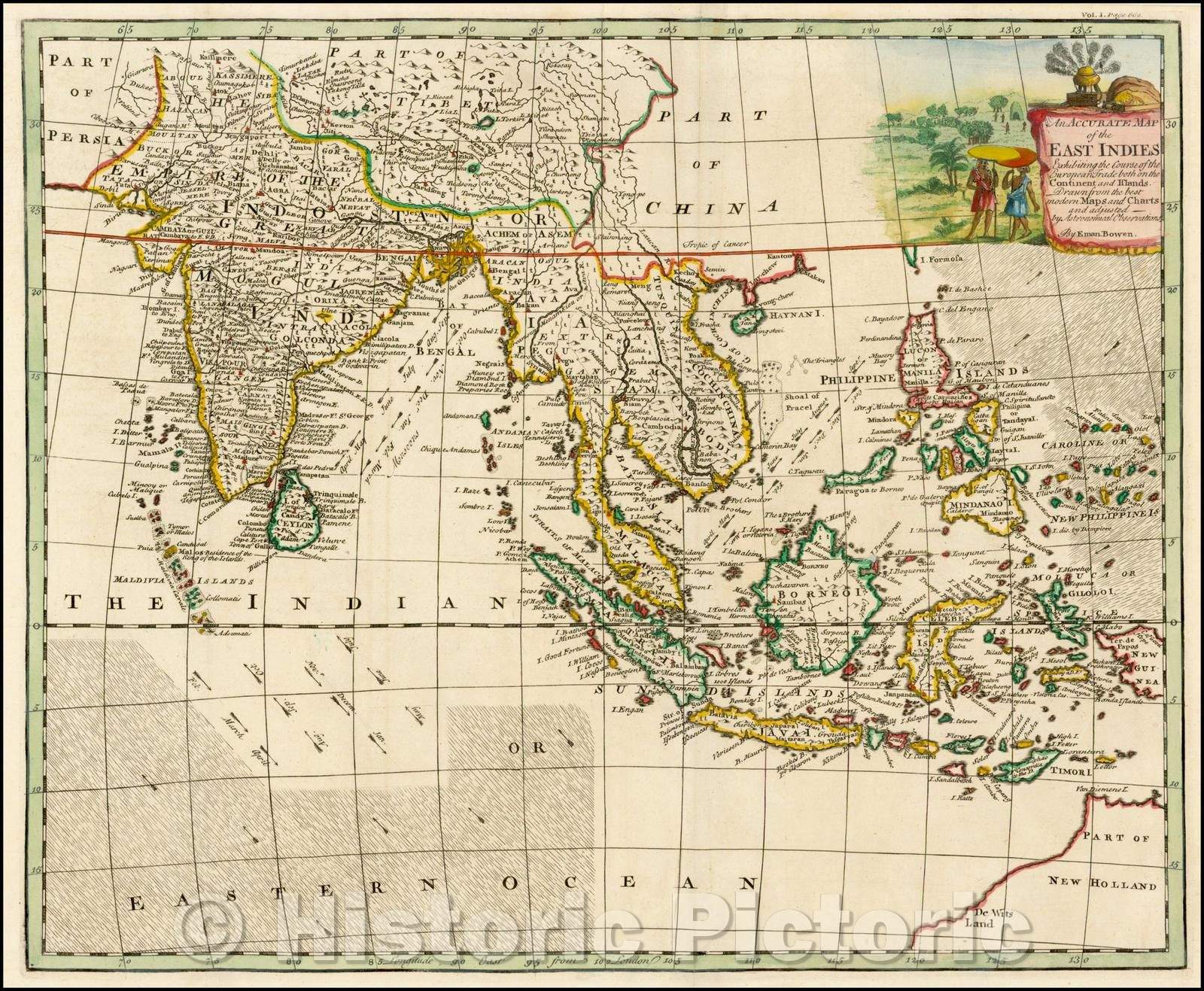 Historic Map - An Accurate Map of the East Indies Exhibiting the Course of the European Trade both on the Continent and Islands, 1744, Emanuel Bowen - Vintage Wall Art