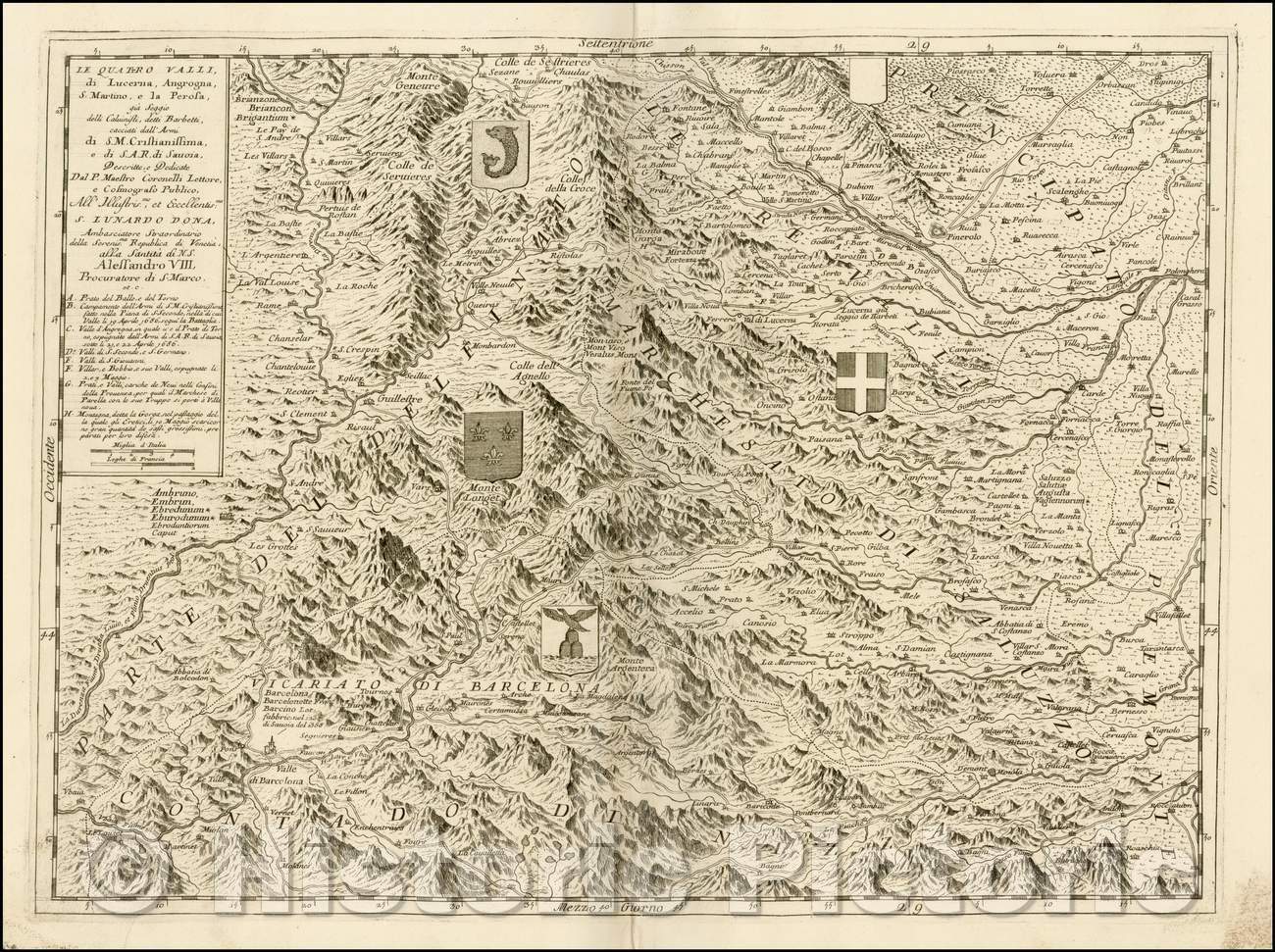 Historic Map - Le Quattro Valli di Lucerna, Angrogna, S. Marino, el la Perosa/Part of Alpine Northwestern Italy,Alpine Regions of France, 1690 - Vintage Wall Art