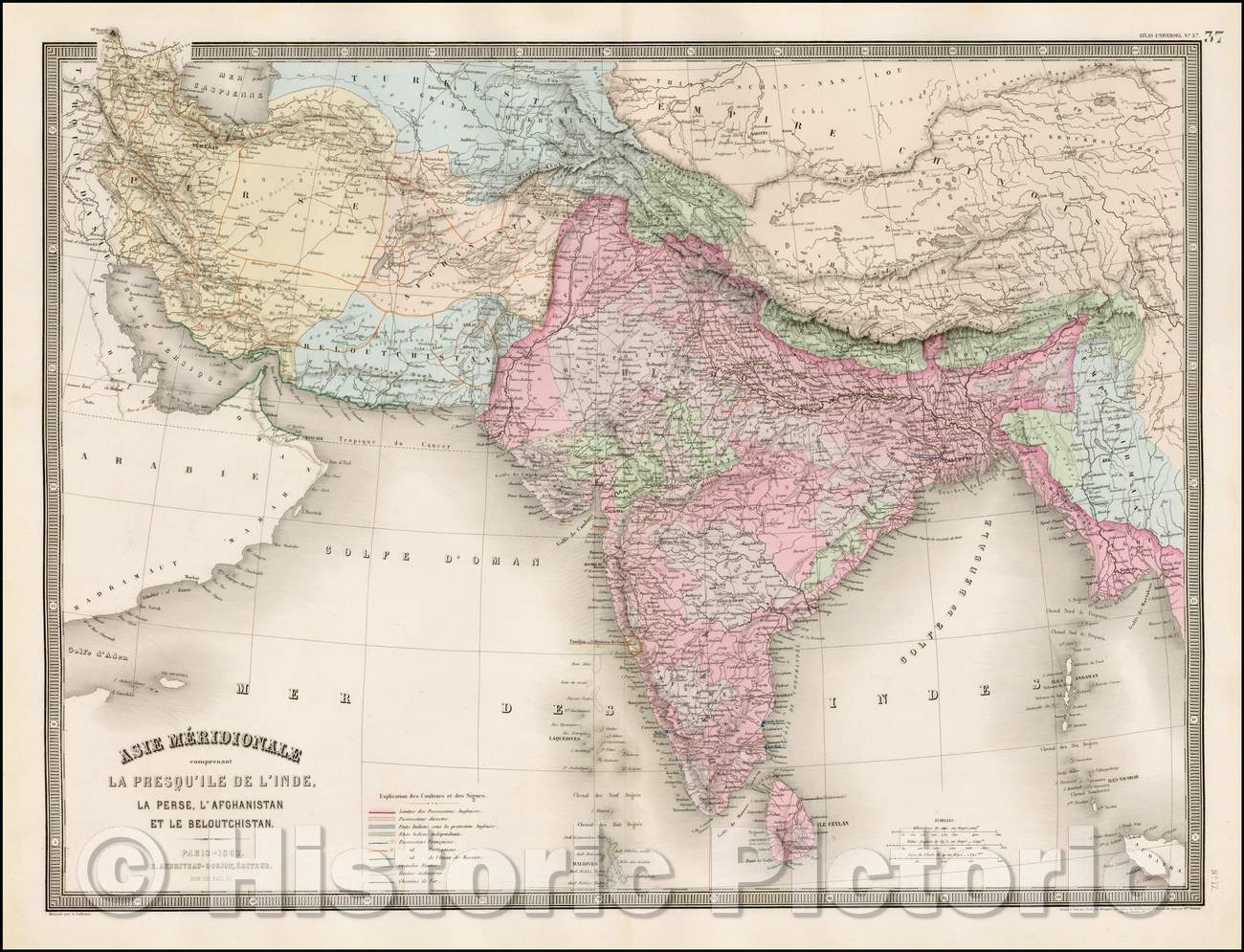 Historic Map - Asie Merdionale comprenant La Prsqui'Ile De L'Inde, La Perse/Andriveau-Goujon's Map of"South Asia", Persia between Thibet and India, 1862 - Vintage Wall Art