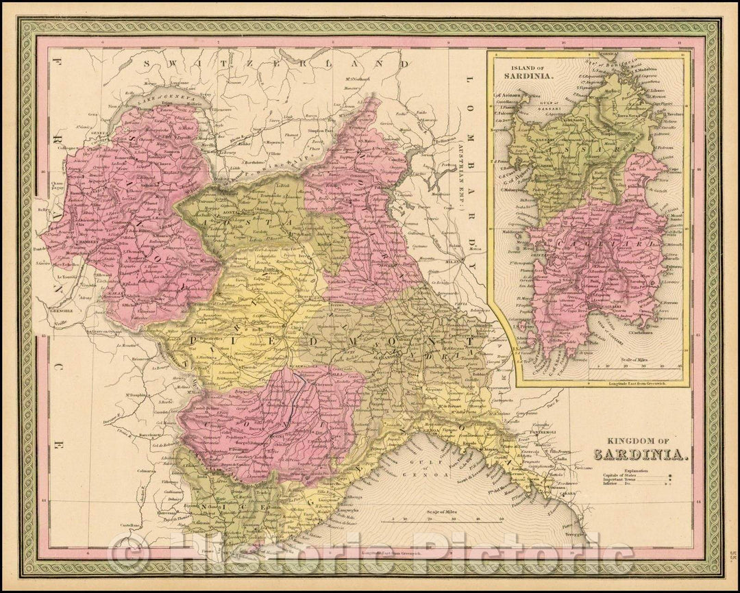 Historic Map - Kingdom of Sardinia [with inset of the Island of Sardinia], 1850, Thomas, Cowperthwait & Co. - Vintage Wall Art