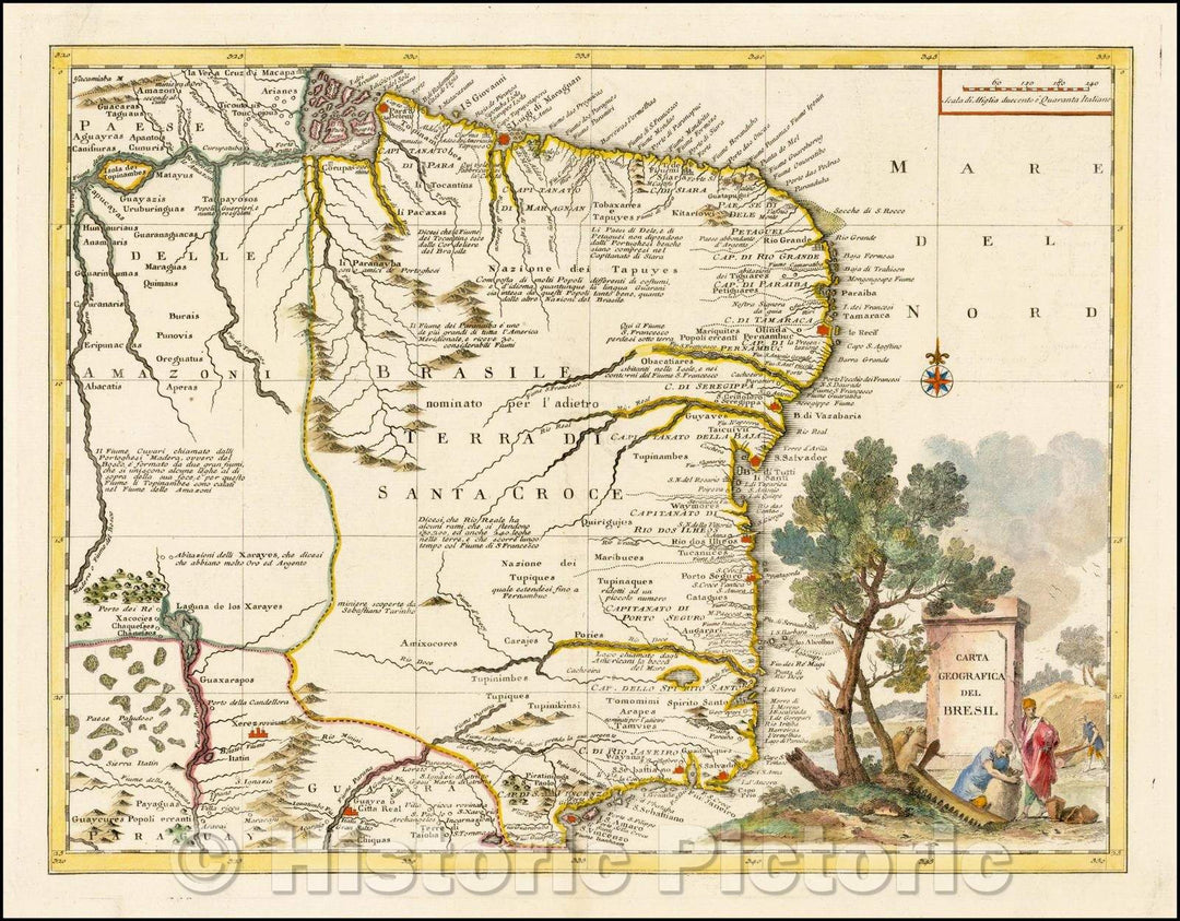 Historic Map - Carta Geographica Del Bresil/Map of Brazil by Albrizzi, based up De L'Isle's Map of the Region, 1740, Giambattista Albrizzi - Vintage Wall Art