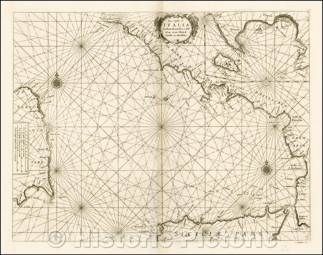 Historic Map - La costa d'Italia da Porto Hercole sino a C. dell'Arme et una parte di Sicilia et Sa/Chart of the Mediterranean coastline Southern Italy, 1695 - Vintage Wall Art