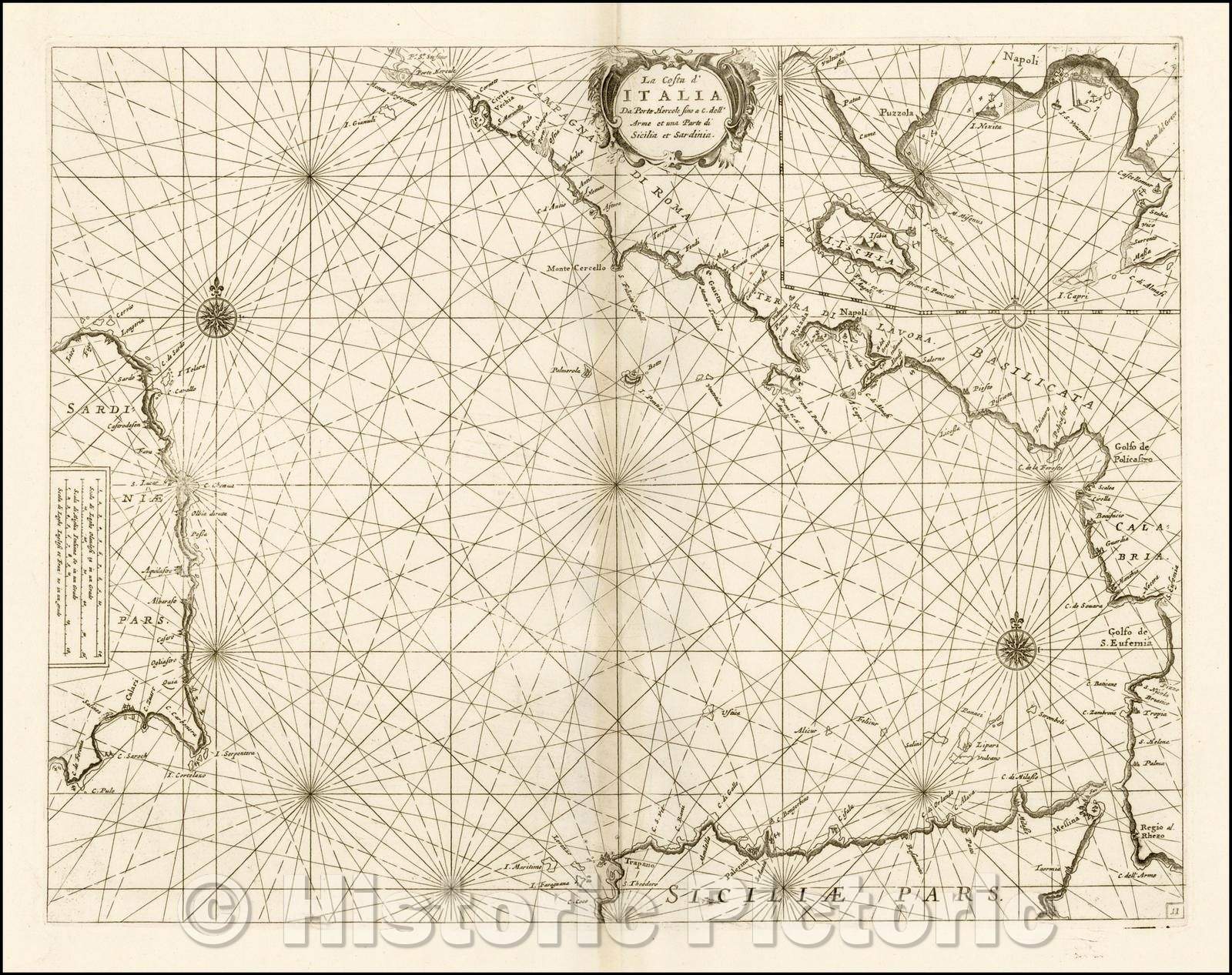 Historic Map - La costa d'Italia da Porto Hercole sino a C. dell'Arme et una parte di Sicilia et Sa/Chart of the Mediterranean coastline Southern Italy, 1695 - Vintage Wall Art