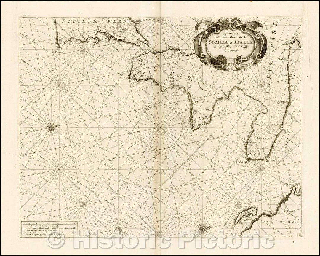 Historic Map - Costa Maritima della parte Orientale di Sicilia et Italia da Cap: Passaro Sin'al/Chart of the Mediterranean coastline Southern Italy, 1695 - Vintage Wall Art