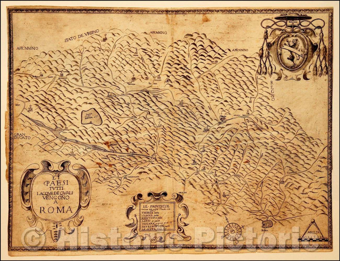 Historic Map - Li Paesi Tutti Lacque De Quali Vengono A Roma/Map of the Rivers leading to Rome, published in the late 16th Century, 1585, Anonymous - Vintage Wall Art