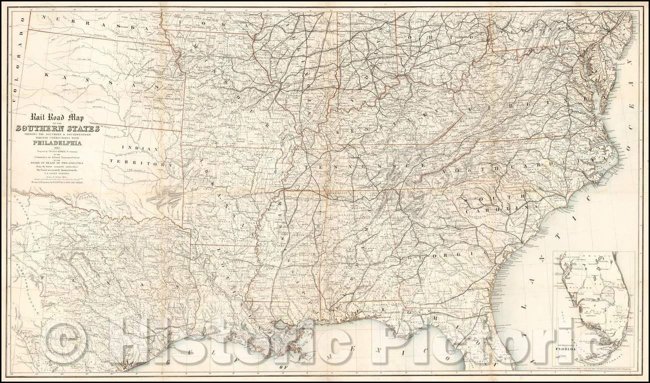 Historic Map - Railroad Map of the Southern States Shewing the Southern & Southwestern Railway Connections With Philadelphia, 1862, P.S. Duval - Vintage Wall Art