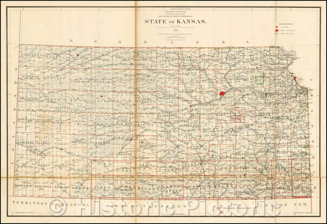 Historic Map - State of Kansas, 1885, U.S. General Land Office - Vintage Wall Art