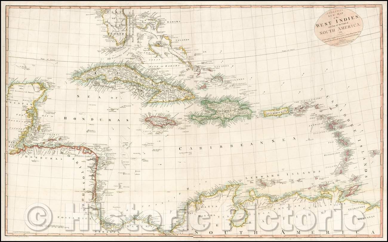 Historic Map - Andrew's New Map of the West Indies and Part of the Coast of South America, 1794, John Andrews - Vintage Wall Art