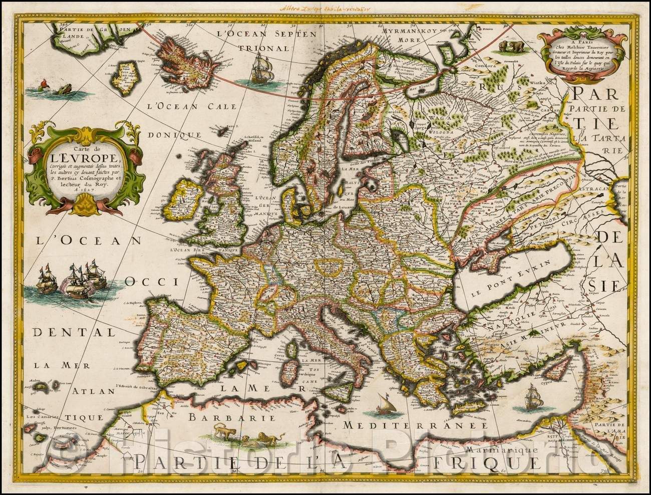 Historic Map - Carte de L'Europe Corrigee, et augmentee dessus toutes les aultres :: Europe, Melchior Tavernier in Paris in 1627, 1627, Melchior Tavernier - Vintage Wall Art