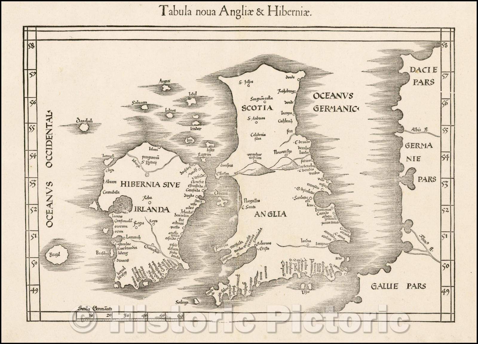 Historic Map - Tabula nova Angliae & Hiberniae/A new board of England and Ireland, 1541, Lorenz Fries - Vintage Wall Art