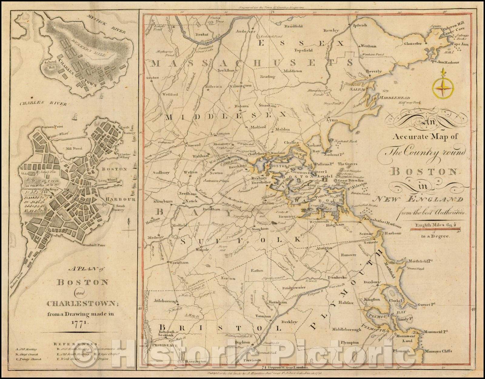 Historic Map - An Accurate Map of the Country round Boston in New England from the Best Authorities [on sheet with] A Plan of Boston and Charlestown, 1776 - Vintage Wall Art