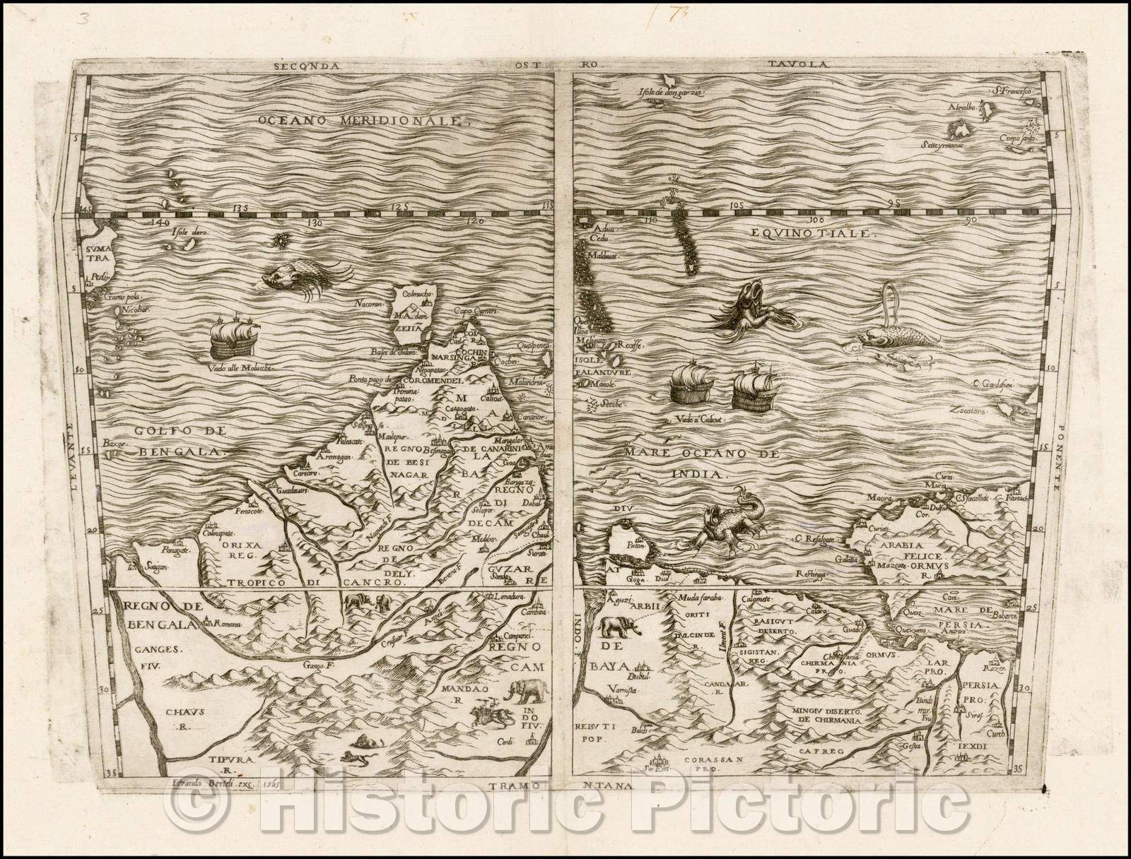 Historic Map - Seconda Tavola Indian Ocean, India, Arabia, Maldives, Persia, Pakistan, 1565, Ferrando Bertelli - Vintage Wall Art