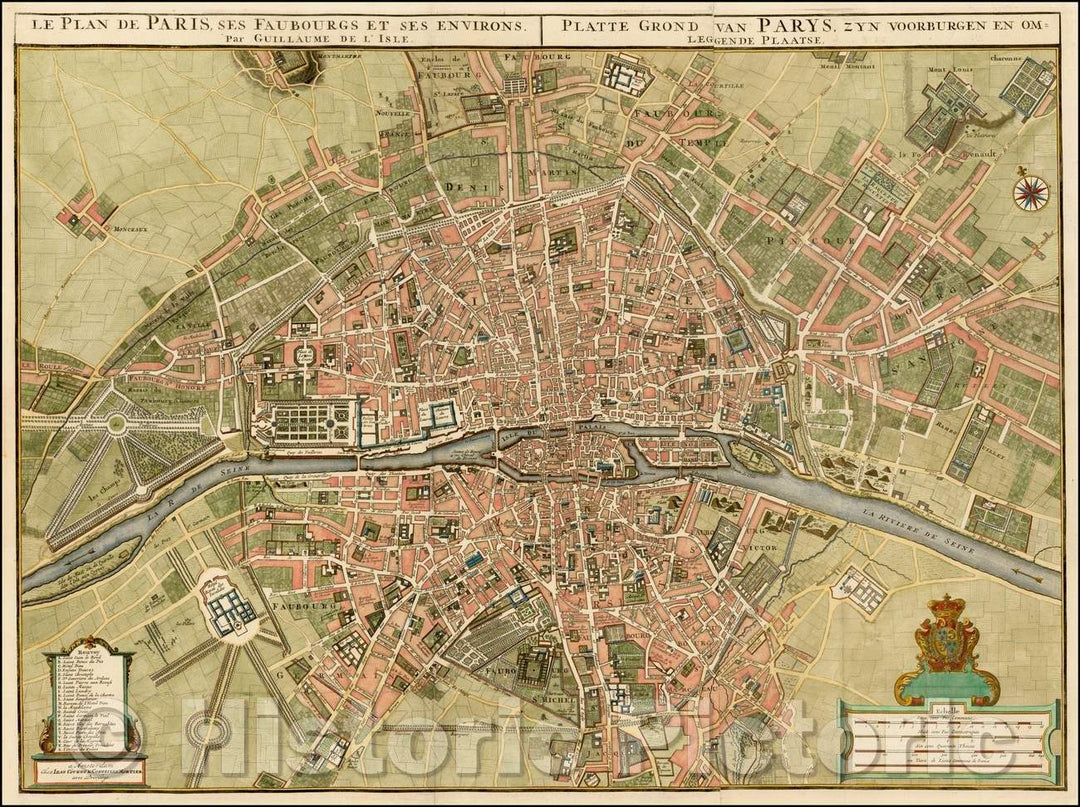 Historic Map - Le Plan De Paris Ses Faubourgs et Ses Environs, 1720, Johannes Covens - Vintage Wall Art