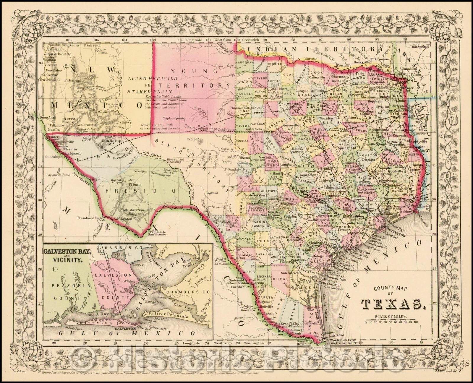 Historic Map - County Map of Texas, 1872, Samuel Augustus Mitchell Jr. - Vintage Wall Art