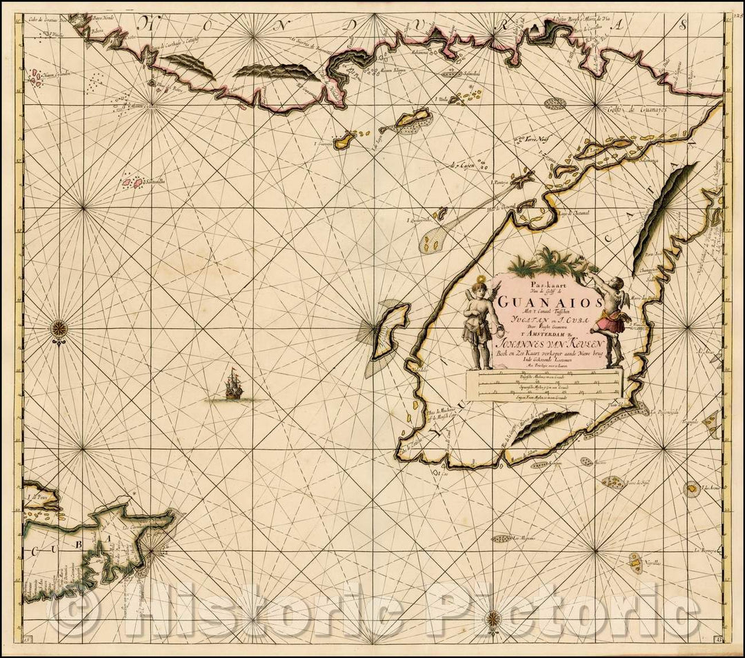 Historic Map - Pas-kaart Van de Golff de Guanaios Met 't Canaal Tusschen Yucatan en I. Cu, 1685 - Vintage Wall Art