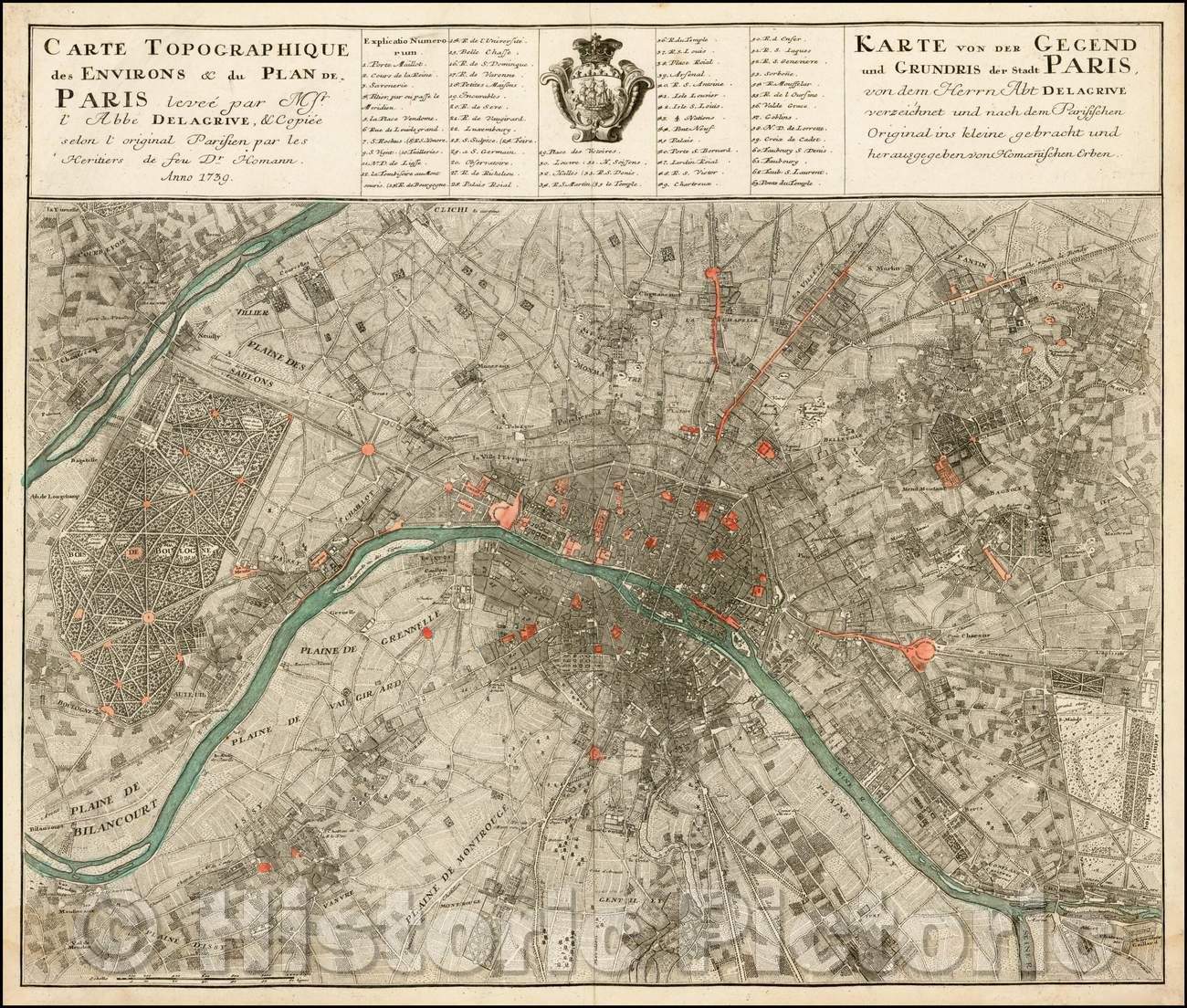 Historic Map - Carte Topographique des Environs & du Plan de Paris levee par Mr. l'Abee Delarive, 1739, Homann Heirs - Vintage Wall Art