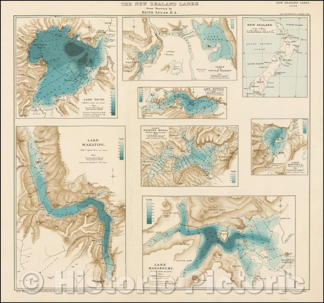 Historic Map - The New Zealand Lakes from Surveys, 1902, Royal Geographical Journal - Vintage Wall Art