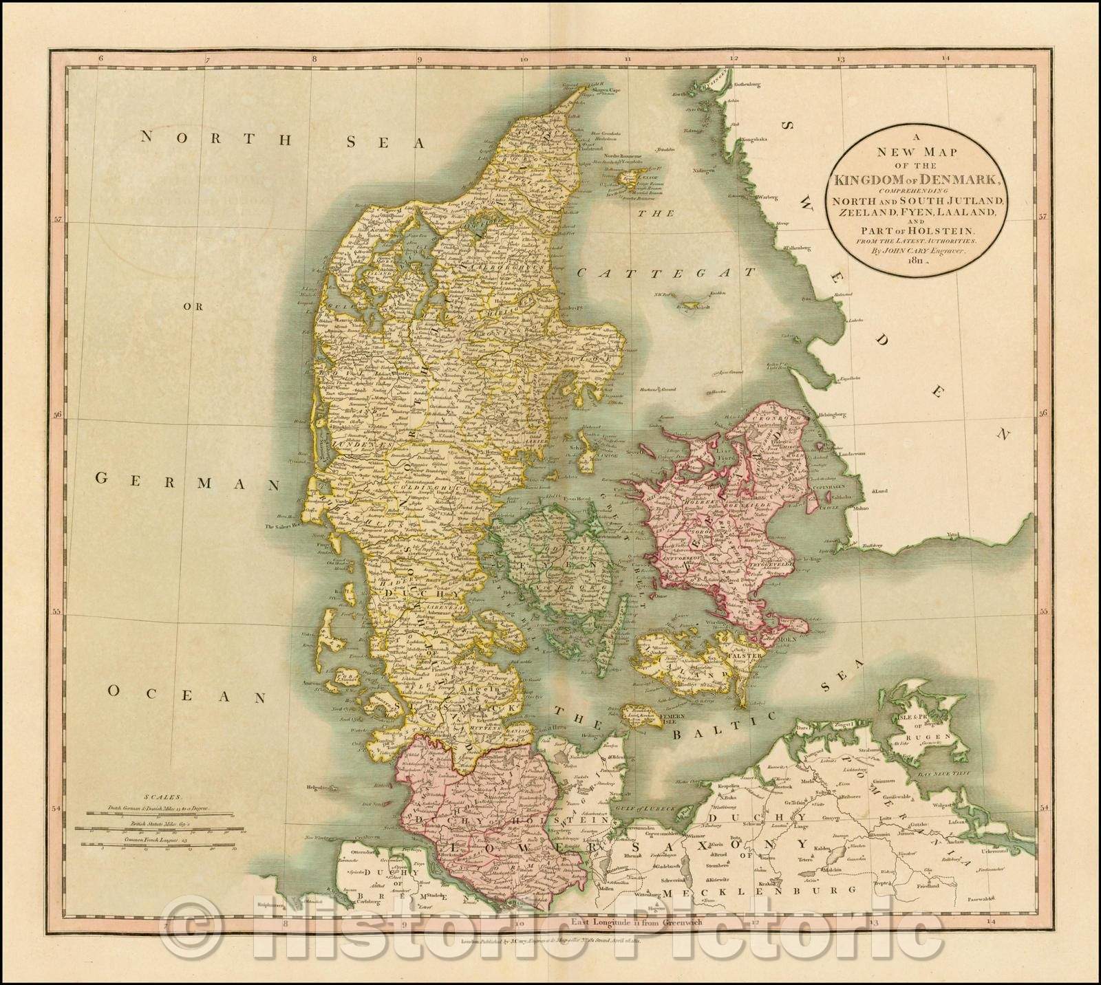 Historic Map - The Kingdom of Denmark, Comprehending North and South Jutland, Zeeland, Fyen, Laaland and part of Holstein, 1811, John Cary - Vintage Wall Art