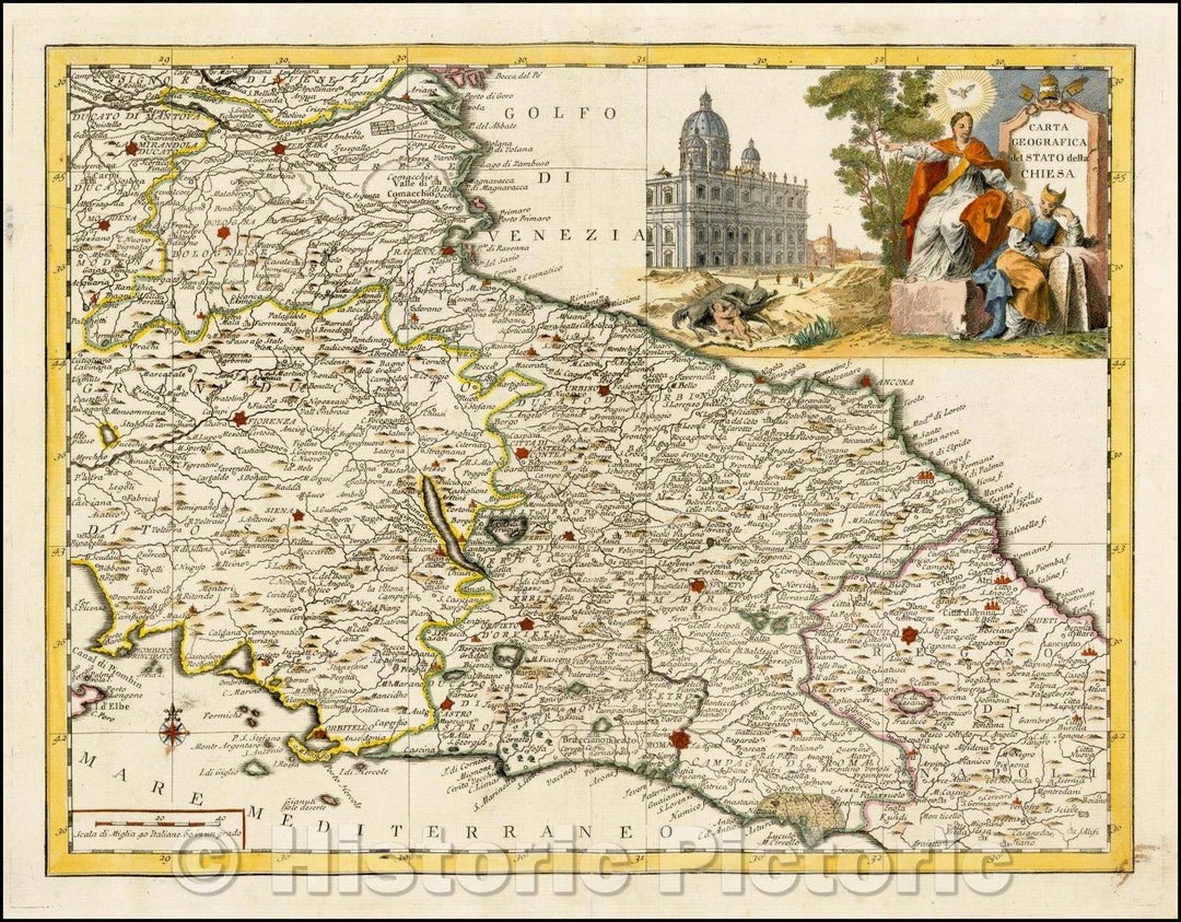 Historic Map - Carta Geografica Della Stato Della Chiesa/Map of Central Italy, including the areas around Rome and Florence, 1740, Giambattista Albrizzi - Vintage Wall Art