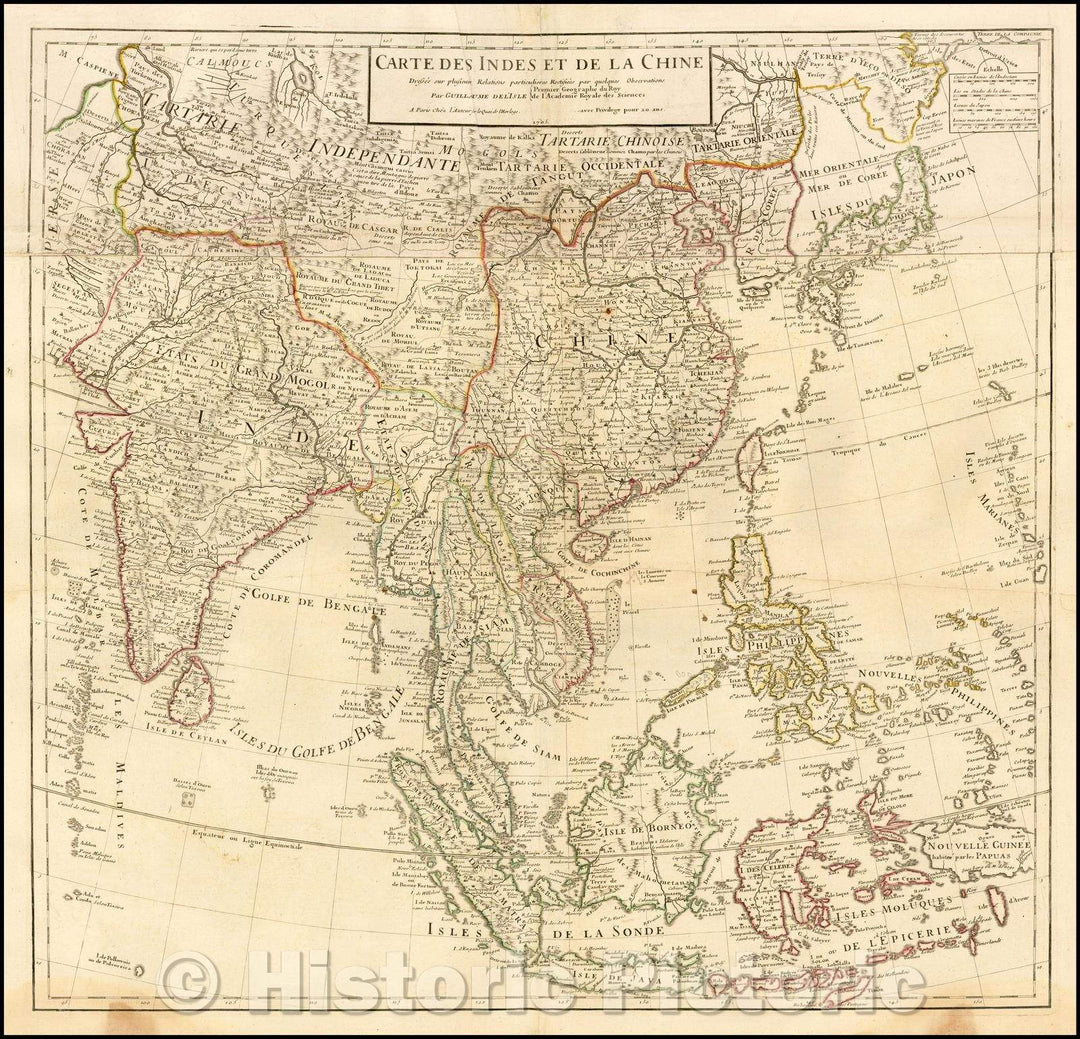 Historic Map - Carte Des Indes et de la Chine Dressee sur plusieurs Rectifees par quelque :: Of India and China raised on several Rectifees, 1705 - Vintage Wall Art