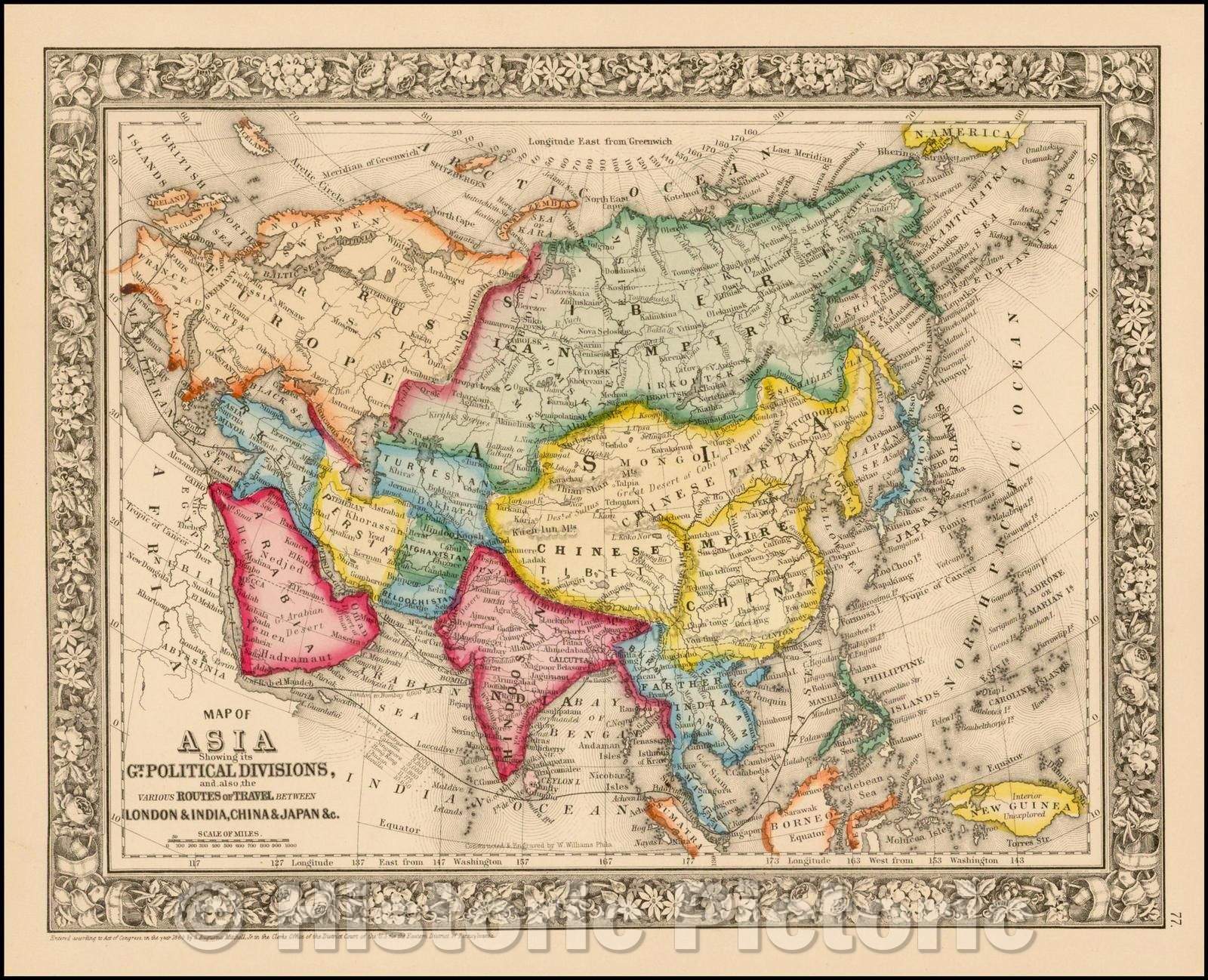 Historic Map - Map of Asia Showing its Gt. Political Divisions and.Routes of Trade between London & India, China, Japan, 1865, Samuel Augustus Mitchell Jr. - Vintage Wall Art