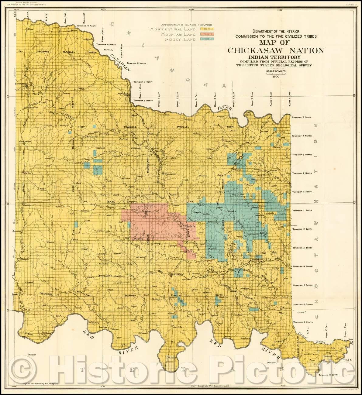 Historic Map - Department of the Interior Commission of the Five Civilized Tribes Map of Chickasaw Nation Indian Territory, 1900, U.S. Geological Survey - Vintage Wall Art