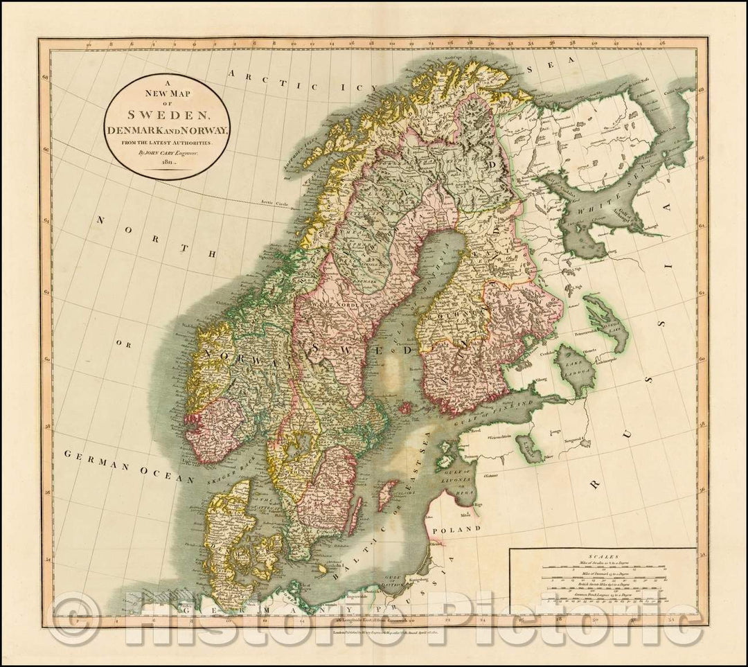 Historic Map - Sweden, Denmark and Norway, from the Latest Authorities, 1811, John Cary - Vintage Wall Art