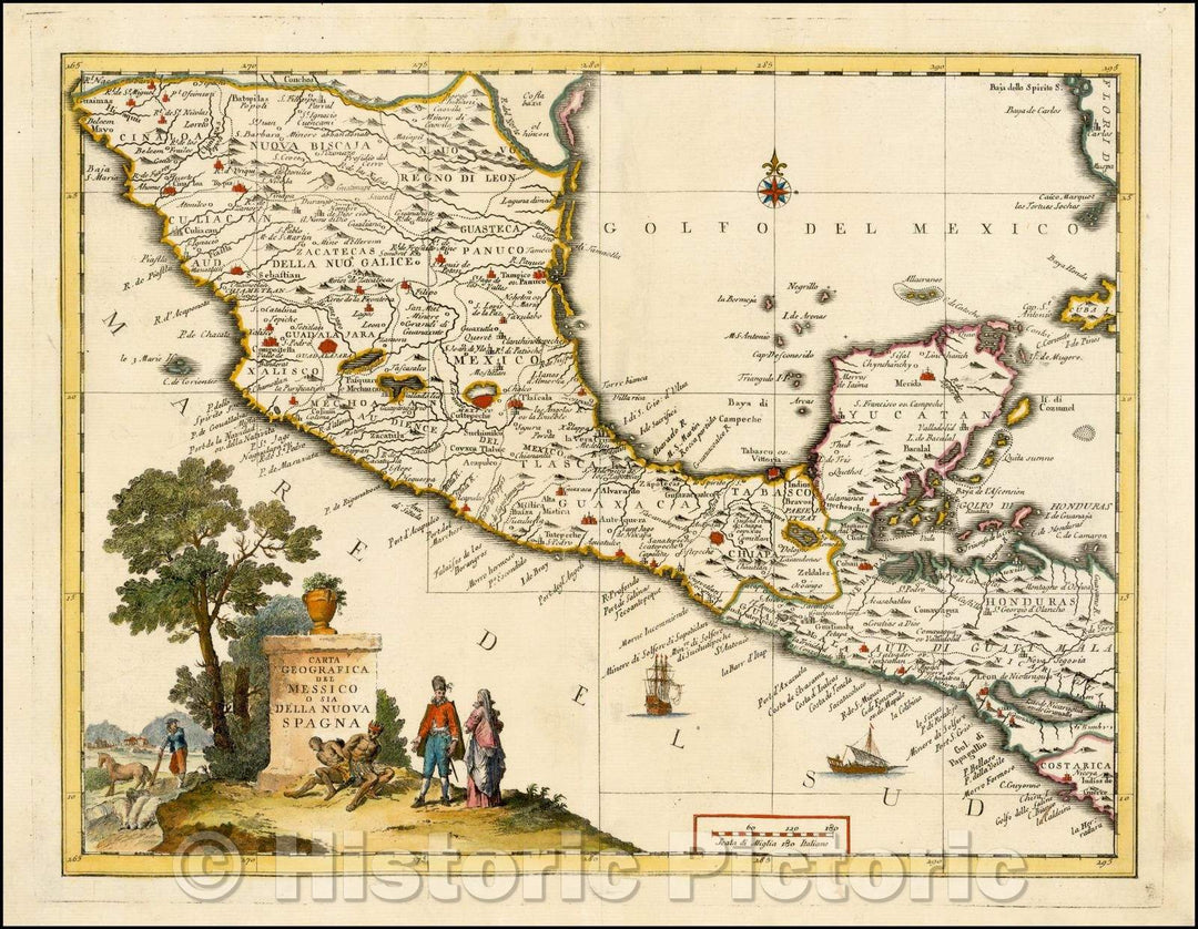 Historic Map - Carta Geografica Del Messico o sia Deall Nuova Espagna/Map of Central America, the Yucatan and Mexico, 1740, Giambattista Albrizzi - Vintage Wall Art