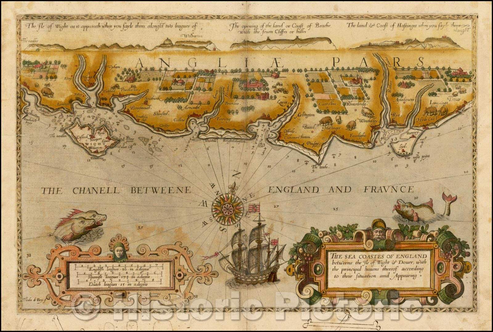 Historic Map - The Sea Coastes of England, Betweene the Isle of Wight & Dover, 1588, Lucas Janszoon Waghenaer - Vintage Wall Art