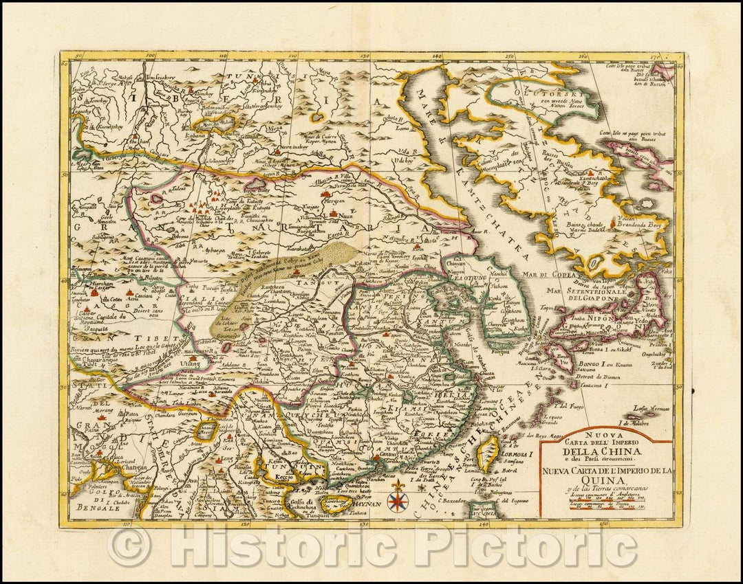 Historic Map - Nuova Carta Dell' Imperio Della China/Albrizzi's Map of China and Korea, with titles in both Italian and Spanish, 1740, Giambattista Albrizzi - Vintage Wall Art