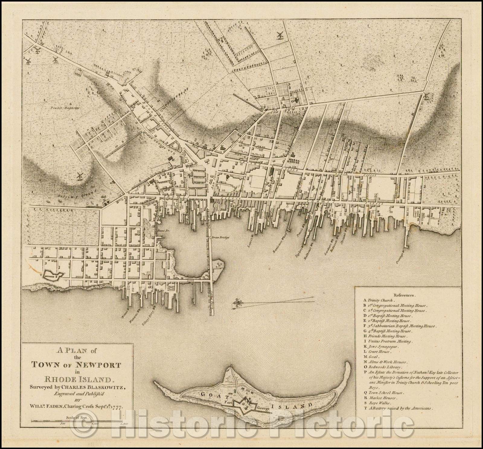 Historic Map - A Plan of the Town of Newport in Rhode Island. Surveyed, 1777, William Faden - Vintage Wall Art