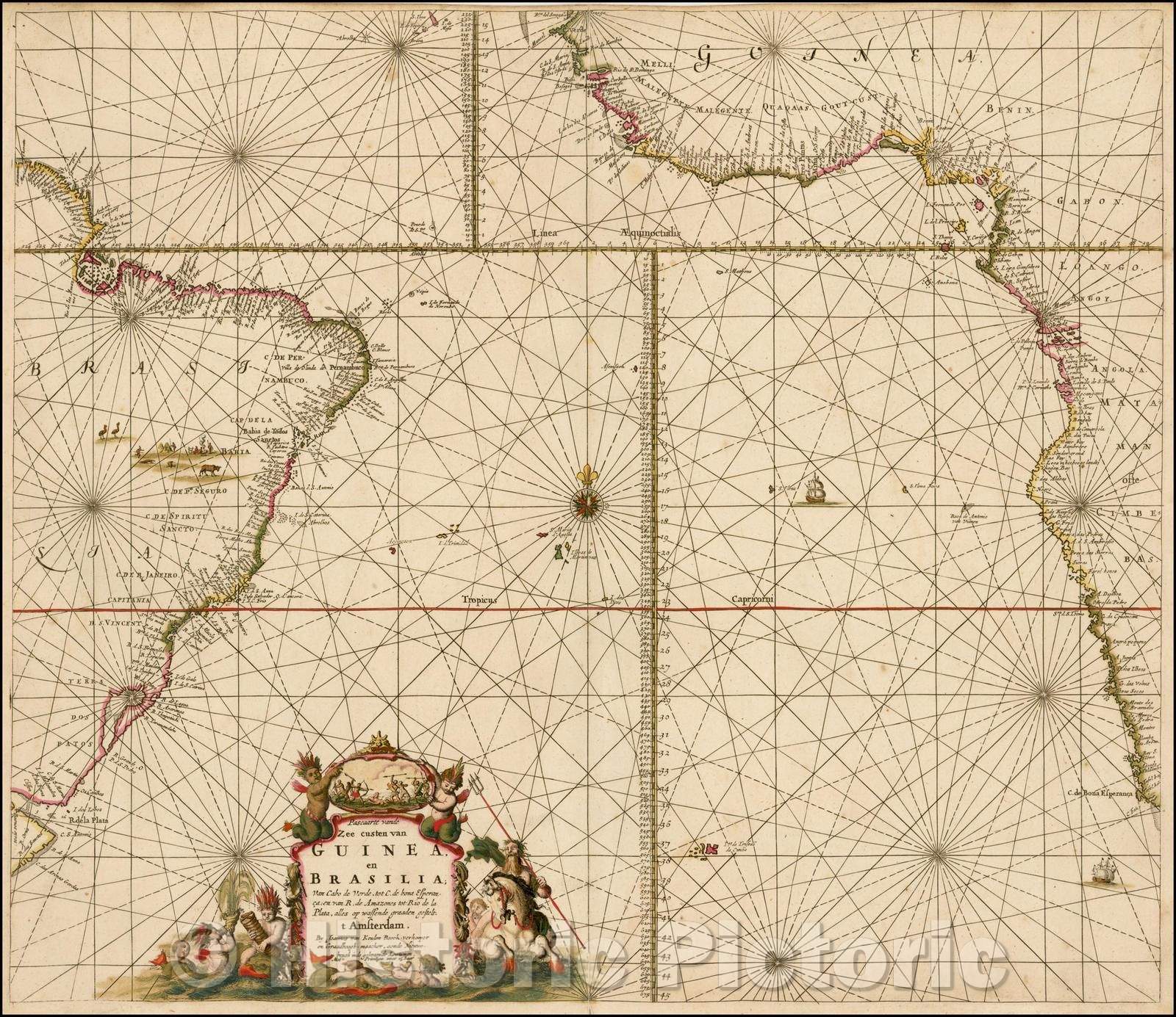 Historic Map - Pascaarte vande Zee custen van Guinea, en Brasilia; van Cabo de :: Sea Chart of Brazil, West Coast of Africa, South Atlantic Ocean, 1680 - Vintage Wall Art