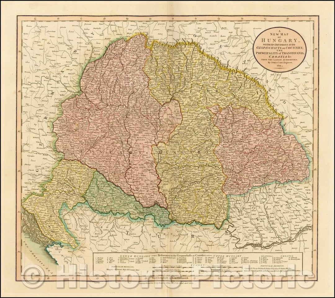 Historic Map - A New Map of Hungary with its Divisions into Gespanchafts or Counties: The Principality of Transylvania, Croatia, 1811, John Cary - Vintage Wall Art