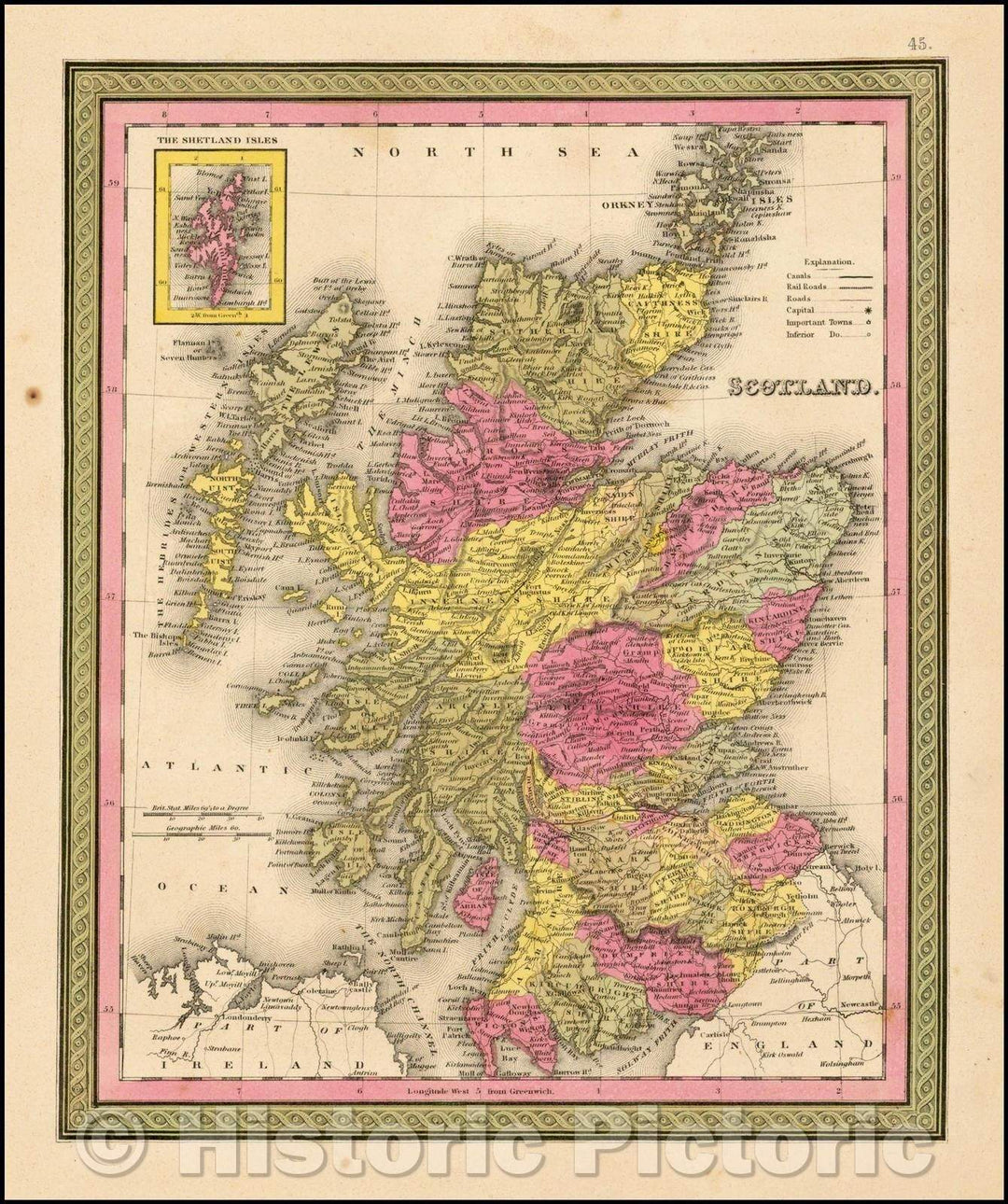 Historic Map - Scotland, 1847, Samuel Augustus Mitchell - Vintage Wall Art