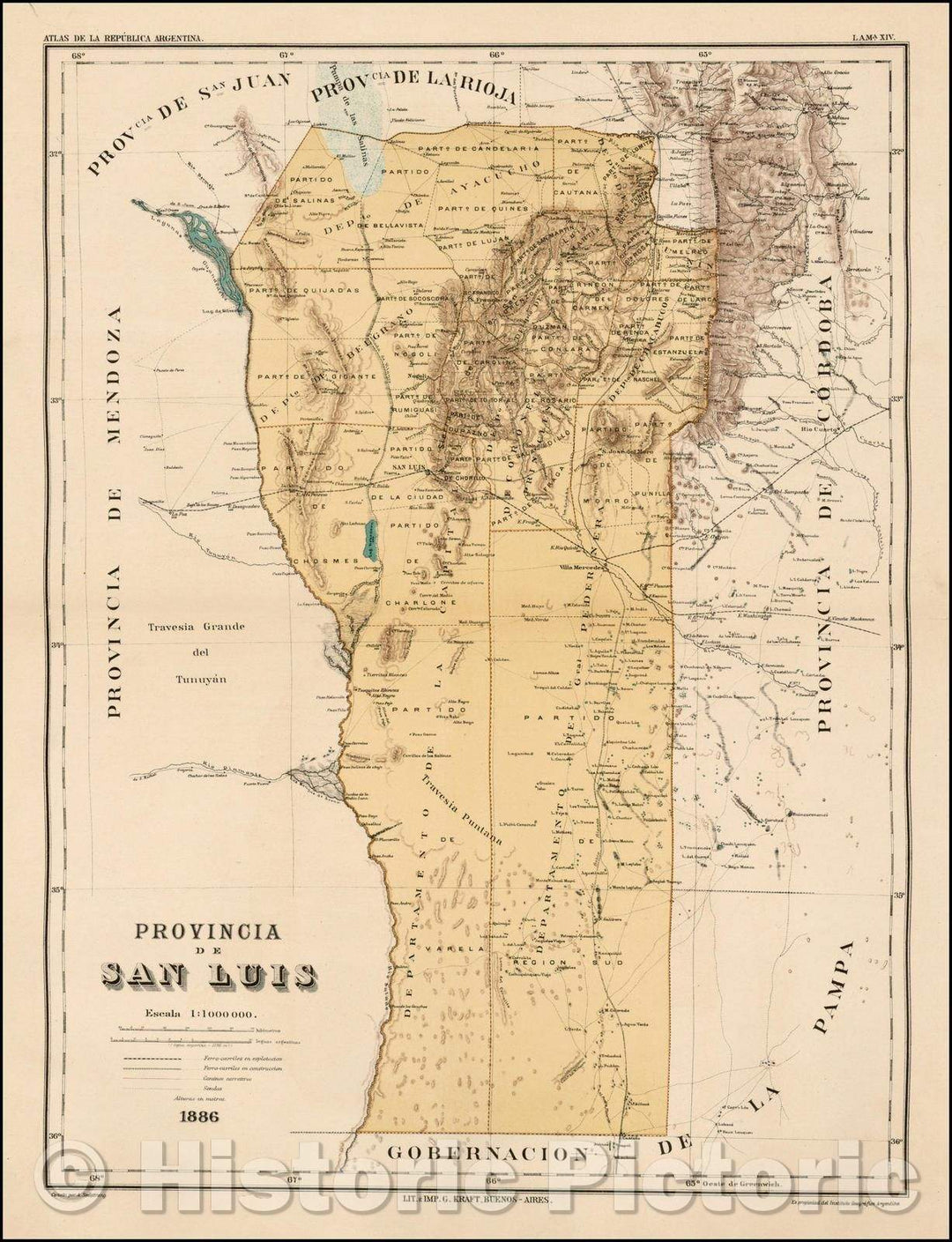 Historic Map - Provincia De San Luis/San Luis Province. 1886 (Argentina), 1886, Guillermo Kraft - Vintage Wall Art