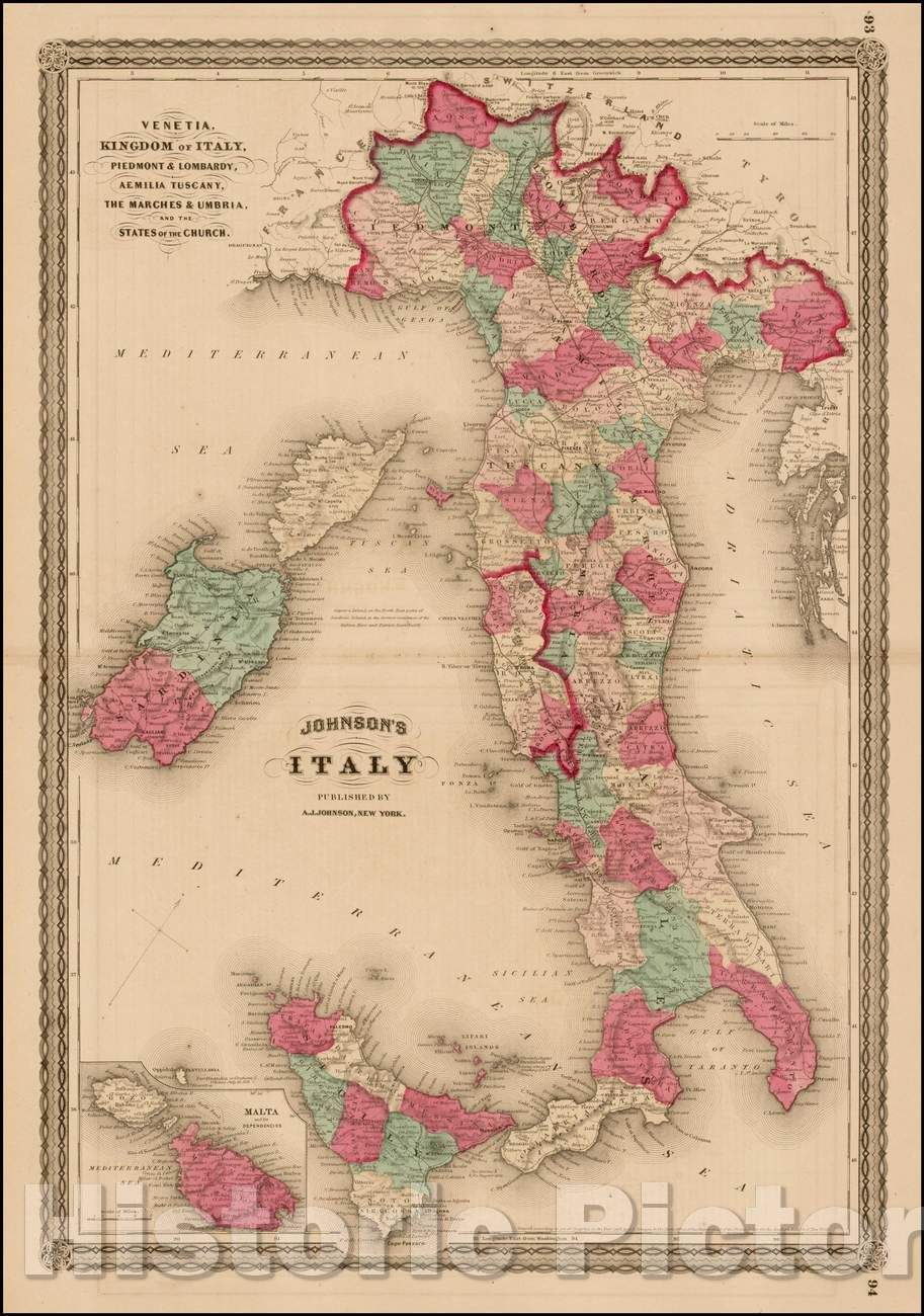 Historic Map - Johnson's Italy. Venetia, Kingdom of Italy, Piedmont and Lombardy, Aemilia Tuscany, the Marches & Umbria, and the States of the Church, 1870 v1