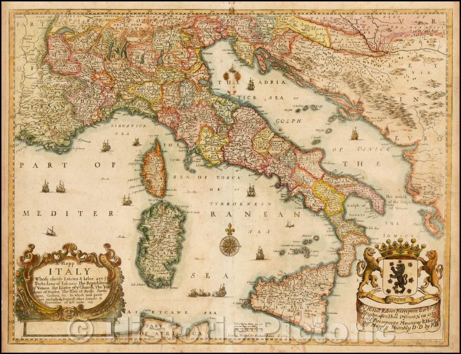 Historic Map - Italy whose cheife Estates & Isles are ye Dukedome of Toscania the Republique of Venice, the Estates of ye Church, The Kingdome of Naples, 1669 - Vintage Wall Art