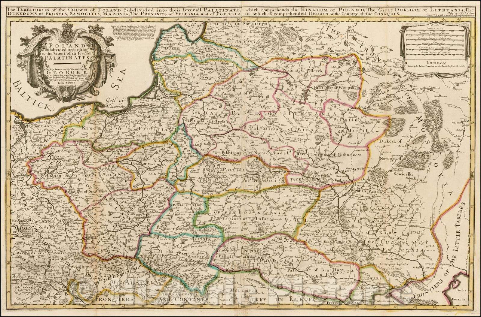 Historic Map - Poland Subdivided According to the Extent of its Severall Palatinates, 1744, John Bowles - Vintage Wall Art