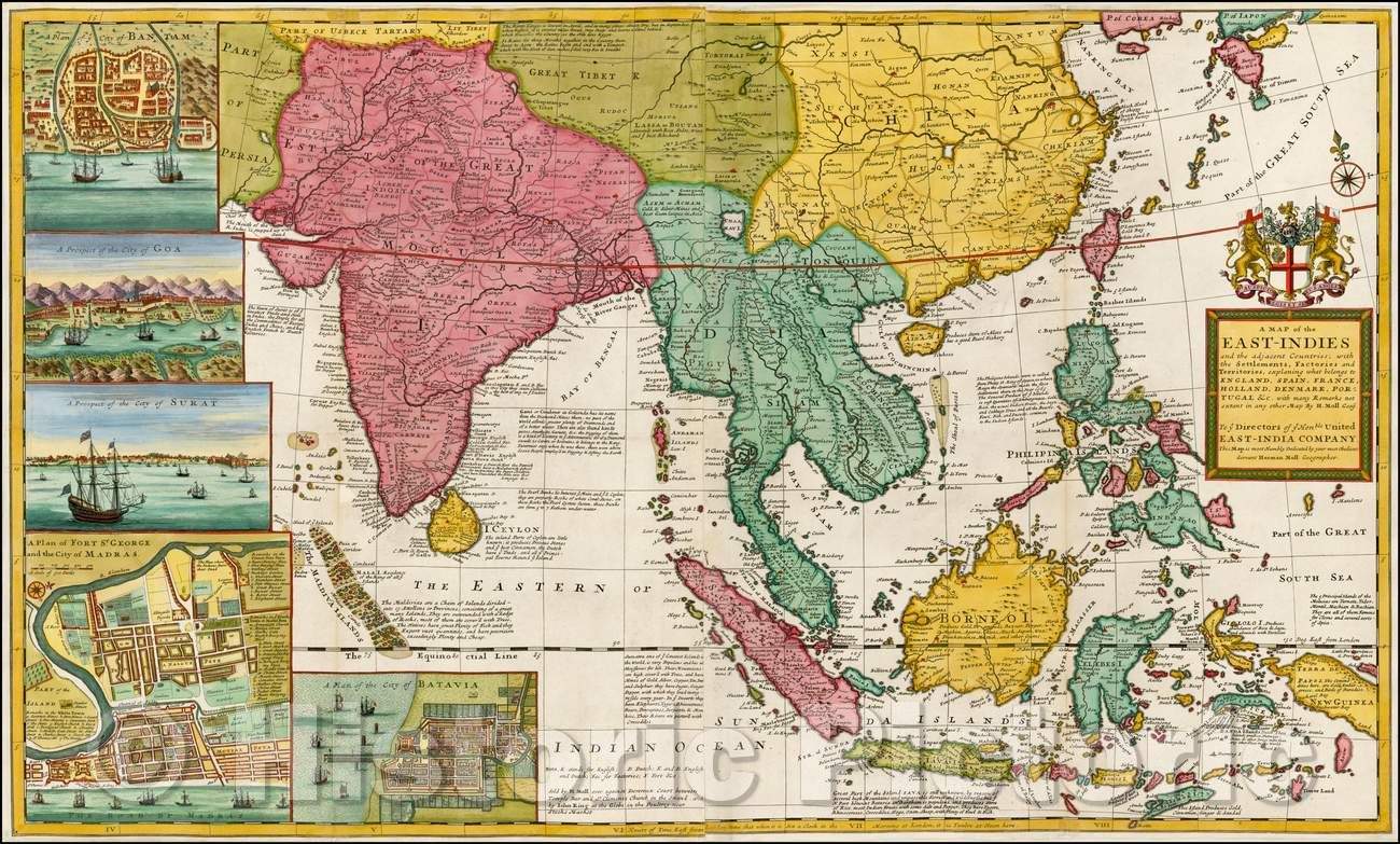 Historic Map - East-Indies and the Adjacent Countries; with the Settlements, Factories and Territories, explaining what Belongs to England, Spain, Franc, 1710 - Vintage Wall Art