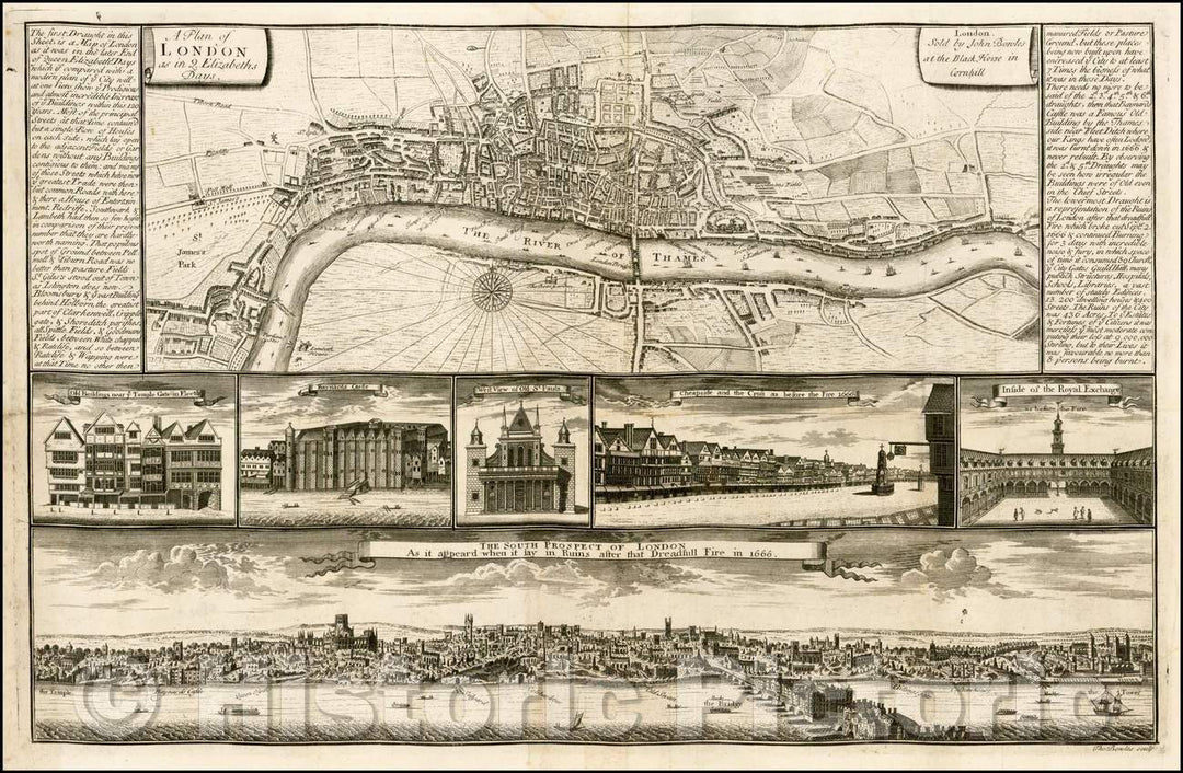 Historic Map - A Plan of London as in Q. Elizabeths Days, 1723, Thomas Bowles - Vintage Wall Art