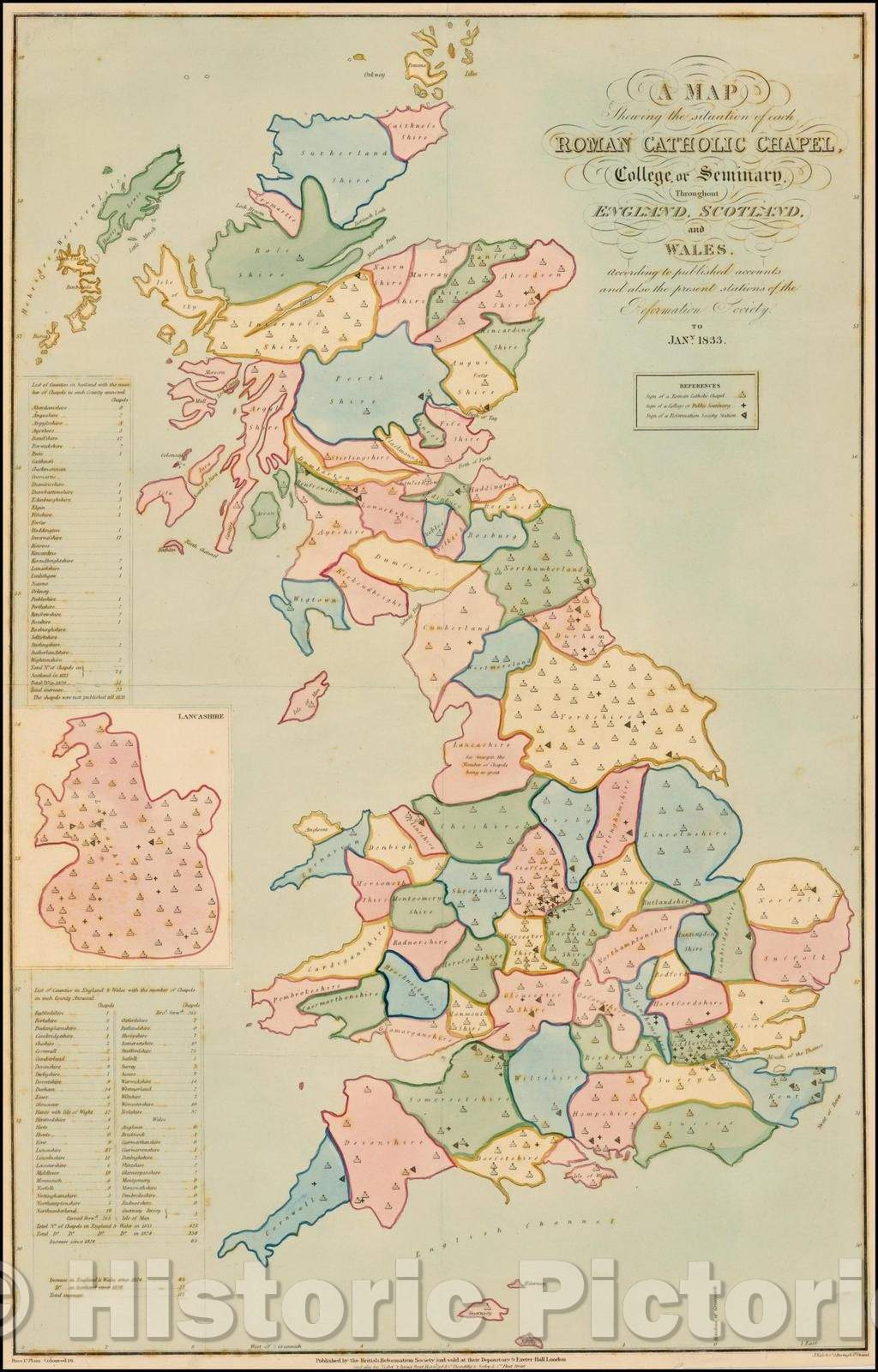 Historic Map - A Map shewing the situation of each Roman Catholic Chapel, College or Seminary, throughout England, Scotland, and Wales, 1833 - Vintage Wall Art