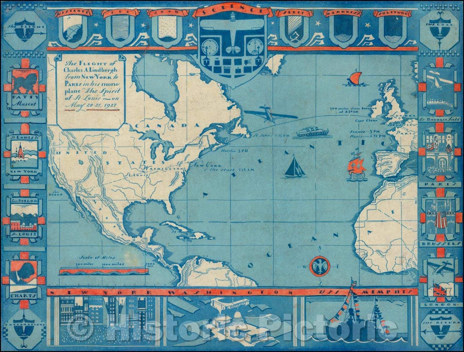 Historic Map - The Flight of Charles A. Lindbergh from New York to Paris in his monoplane, 1927, Anonymous - Vintage Wall Art