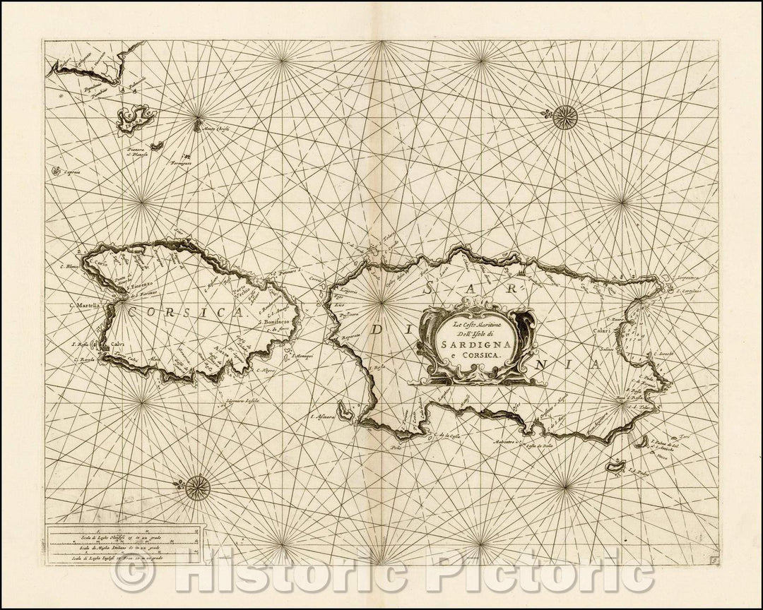 Historic Map - Le Coste Maritime Dell'Isole di Sardigna e Corsica/Chart of the islands of Corsica, Sardinia and Elba, 1695, Vincenzo Maria Coronelli - Vintage Wall Art