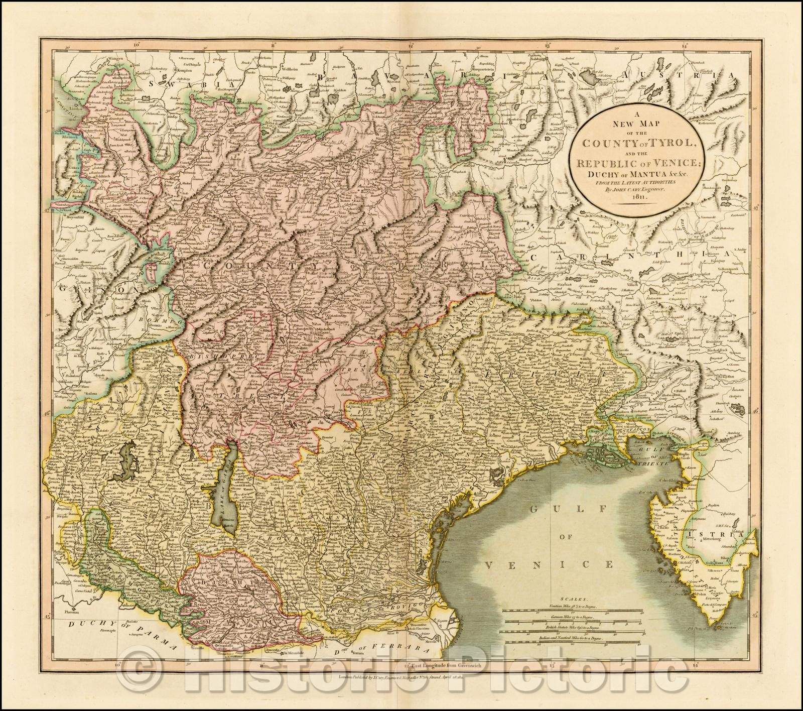 Historic Map - The County of Tyrol, And the Republic of Venice; Duchy of Mantua &c &c, 1811, John Cary - Vintage Wall Art