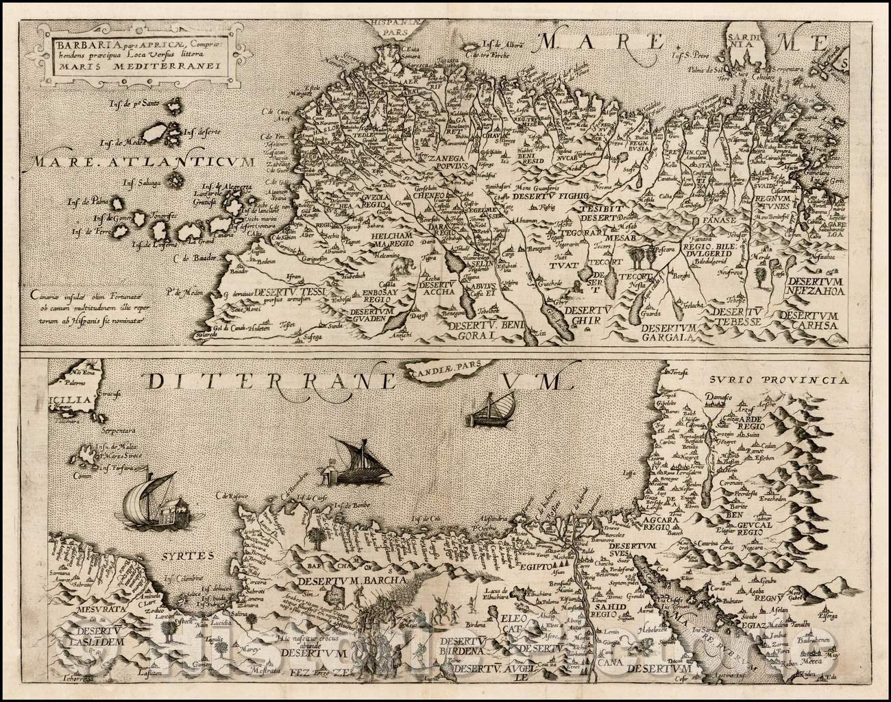 Historic Map - Barbaria pars Africae, Comprae: hendens praecipua Loca versus littoria Mar, 1593 - Vintage Wall Art